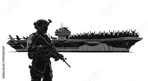 Soldier Standing Guard Near Aircraft Carrier Filled With People