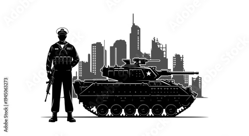 Soldier Standing Guard Beside Military Tank in Urban Cityscape Silhouette