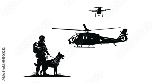 Soldier with dog, helicopter and drone: modern military surveillance and security concept