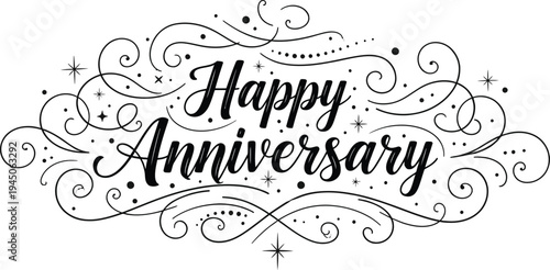 Elegant black and white vector graphic illustration featuring ornate calligraphy text celebrating a happy anniversary occasion