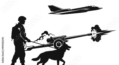 Soldier with dog and artillery gun, military jet flying overhead, black and white