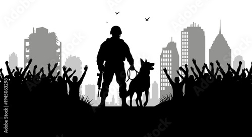 Soldier with Dog Silhouette Against Cityscape and Crowd