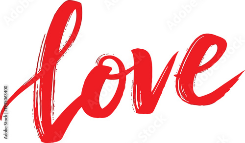 This vibrant red vector illustration showcases the word 'Love' beautifully rendered in an elegant, expressive handwritten script font, perfect for romantic designs.