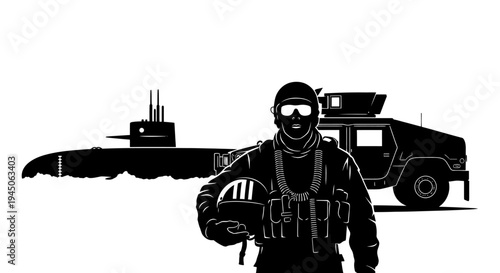 Special Forces Soldier, Submarine, and Humvee Silhouette - Military Power and Readiness