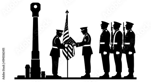 US Marines Honor Guard Raising American Flag with Military Cannon Silhouette