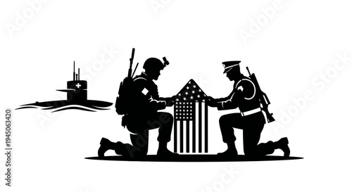 US Soldiers Honor American Flag with Submarine Silhouette Background