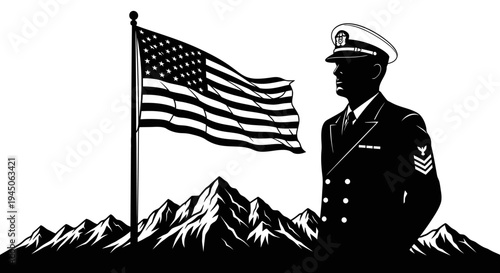 US Navy Officer Silhouette with American Flag and Mountains