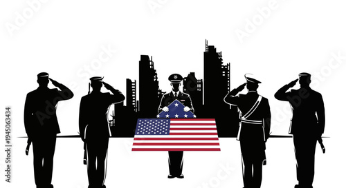Veterans Saluting American Flag in Front of City Skyline Silhouette