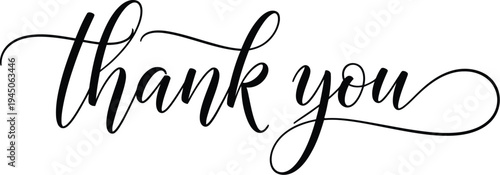 Elegant black calligraphy script vector illustration design featuring the phrase thank you isolated on white background