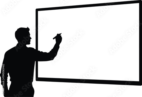 A vector graphic illustration depicting a man in silhouette actively writing or drawing on a large blank whiteboard, ready for your custom educational or business content design.