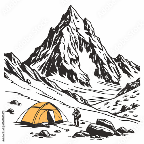 Person Standing Next to Tent in Mountains rocks snow