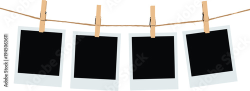Blank polaroid photo frames hanging on string, clothespin display, white background, nostalgic memory concept, minimalist wall decor, creative photography layout