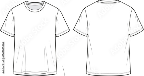 Men's Crew Neck Short Sleeve T-shirt Front and Back View Technical Flat Sketch, Blank Tee Vector Illustration for Apparel Design