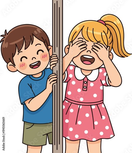 Two Cute Cartoon Children Playing Peekaboo, Girl Hiding Eyes with Hands, Boy Peeking from Behind a Wall, Vector Illustration Isolated