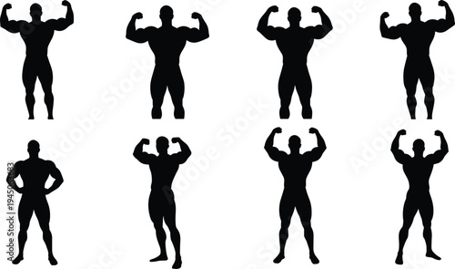 Bodybuilder silhouette set, muscular poses, flexing arms, fitness icon, black vector illustration, strong male figure, isolated design, gym workout concept
