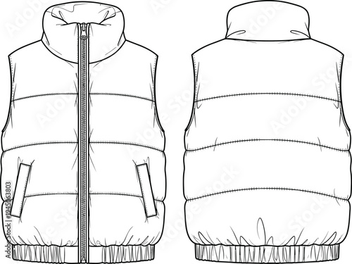 Puffer Vest Front and Back View Technical Flat Sketch, Men's Sleeveless Quilted Gilet Vector Illustration for Fashion Design and Production