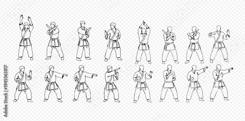 Set of black and white line art illustrations depicting various karate poses and martial arts movements.