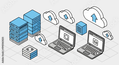 Isometric Cloud Computing Network and Data Server Hosting flat Illustration
