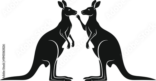 Two Symmetrical Black Kangaroo Silhouettes Facing Each Other on White Background, Minimalist Australian Wildlife Vector Illustration for Logo and Graphic Design