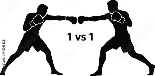 Boxing match silhouette, one on one fight, competitive sports vector, black fighters illustration, martial arts concept, head-to-head duel graphic