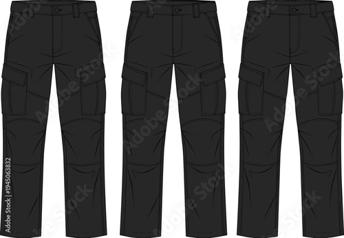 Three Black Cargo Pants Technical Flat Sketches on White Background, Men's Tactical Utility Trousers Vector Illustration for Fashion Design and Production
