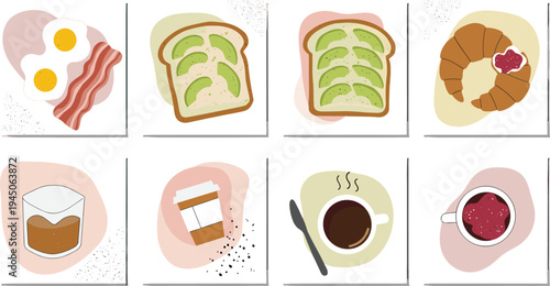 Breakfast food and drink vector set, eggs, bacon, toast, avocado, croissant, coffee, milk, juice, morning meal icons, stylized illustration