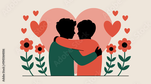 Loving couple embracing surrounded by hearts and flowers symbolizing love and affection in a romantic relationship