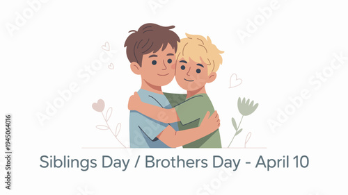 Two happy brothers hugging each other on siblings day april 10 with flowers background