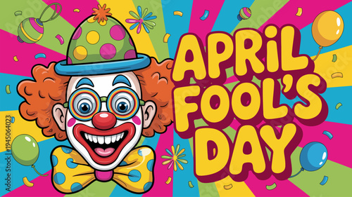 Colorful clown with red curly hair and blue eyes on april fool's day background with confetti
