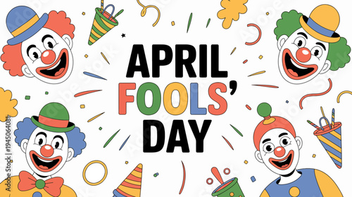 Colorful clowns celebrate april fools' day with confetti and party hats on white background