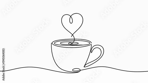 A minimalist line drawing of a steaming cup with a heart shaped steam rising symbolizing love and warmth in a simple elegant design