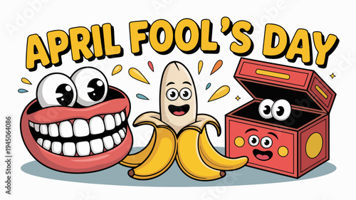 Colorful cartoon characters celebrating april fool's day with banana and prank box