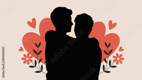 Loving couple silhouette with hearts and flowers on beige background for valentine's day