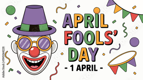 April fools' day celebration with colorful clown face and confetti on white background
