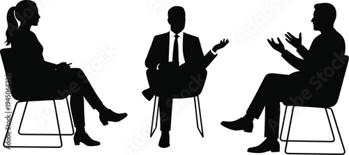 Business meeting in modern office, three professionals discussing strategy, teamwork, collaboration, leadership, negotiation, brainstorming, corporate communication, decision-making