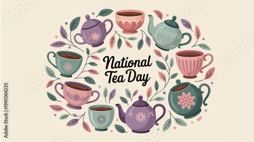 National tea day celebration with colorful teacups and teapots surrounded by leaves on beige background
