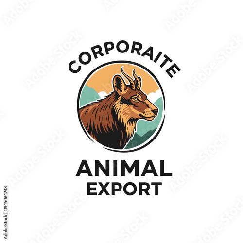 Corporate animal export logo with a horned mountain animal head in a circular landscape and text