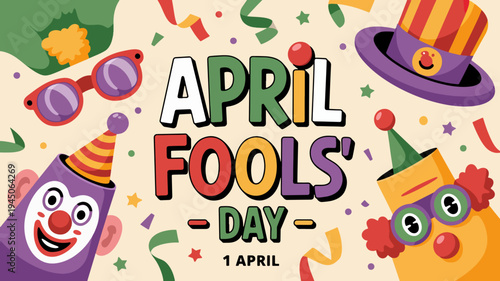 Colorful april fools' day celebration with cartoon clowns and confetti on beige background
