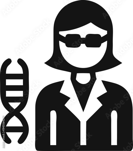 Professional woman wearing glasses standing next to a DNA double helix