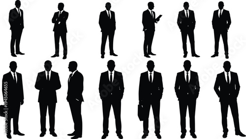 Business silhouettes in suits, professional poses, corporate team, standing, briefcase, mobile phone, arms crossed, formal attire, office concept, leadership