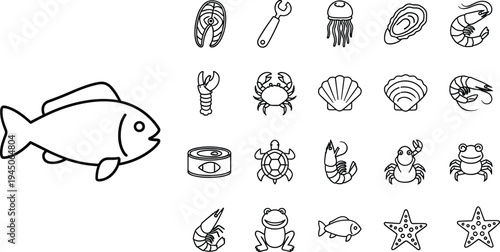 seafood, fish, crab, shrimp, lobster, oyster, jellyfish, shellfish, marine, ocean, food, outline, icon, collection, sea, animal, aquatic, vector, illustration, set