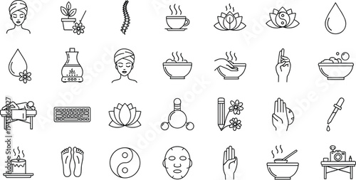 spa, wellness, relaxation, massage, aromatherapy, meditation, beauty, therapy, lotus, candle, herbal, skincare, yoga, outline, icon, set, health, treatment, salon, illustration