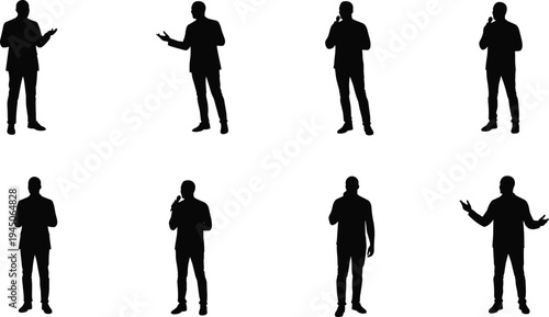 A professional vector illustration featuring a diverse group of business people silhouettes, including a businessman in a suit and a standing woman, representing a successful team at work