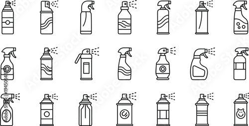 spray, bottle, aerosol, cleaner, disinfectant, sanitizer, household, cleaning, hygiene, container, plastic, packaging, outline, icon, set, detergent, sprayer, sanitation, product, illustration