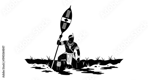 African Warrior Silhouette with Spear and Shield, Tribal Art, Historical Representation