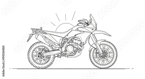 Adventure Motorcycle Drawing with Sunburst - Off-Road Bike Sketch