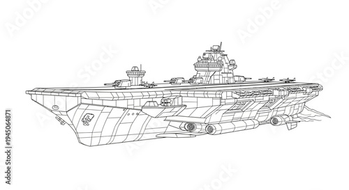 Aircraft Carrier Line Drawing - Detailed Blueprint Style Illustration of a Modern Warship