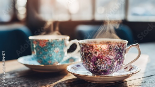 Elegant teacups on saucers with steam rising in warm sunlight