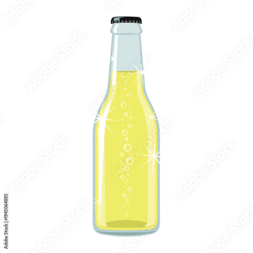 Illustration of a sparkling lemonade bottle with fizzy bubbles, isolated on a clean white background, featuring a glossy surface and bright highlights