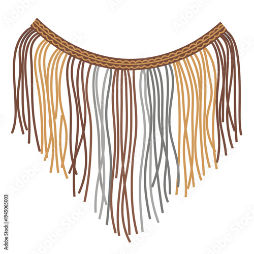Colorful fringe trim with brown, gray, and yellow strands, isolated on white background, showcasing intricate braided edge detail